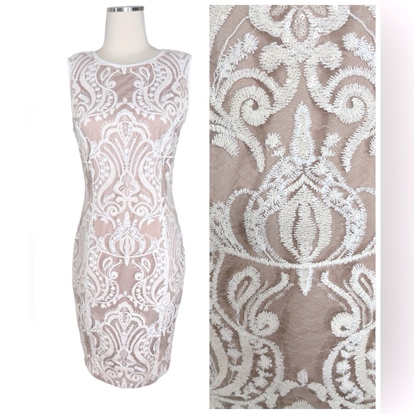 Mystic White and Tan Lace Midi Dress - Picture 1 of 11